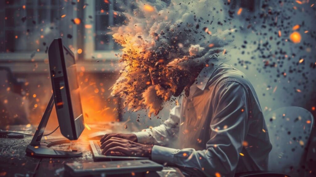 A stressed young professional looking at multiple digital screens showing notifications, symbolizing digital burnout and information overload.