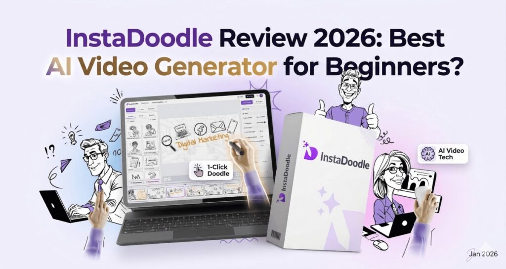Gemini said A review thumbnail featuring the text "InstaDoodle Review 2026: Best AI Video Generator for Beginners?" at the top. Below the title, multiple illustrated characters and hands surround a central tablet and an "InstaDoodle" software box.