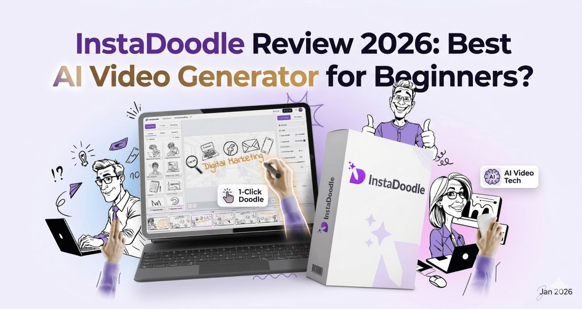 Gemini said A review thumbnail featuring the text "InstaDoodle Review 2026: Best AI Video Generator for Beginners?" at the top. Below the title, multiple illustrated characters and hands surround a central tablet and an "InstaDoodle" software box.