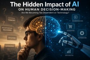 Illustration showing the impact of artificial intelligence on human thinking and decision-making, highlighting the balance between human intelligence and AI automation.